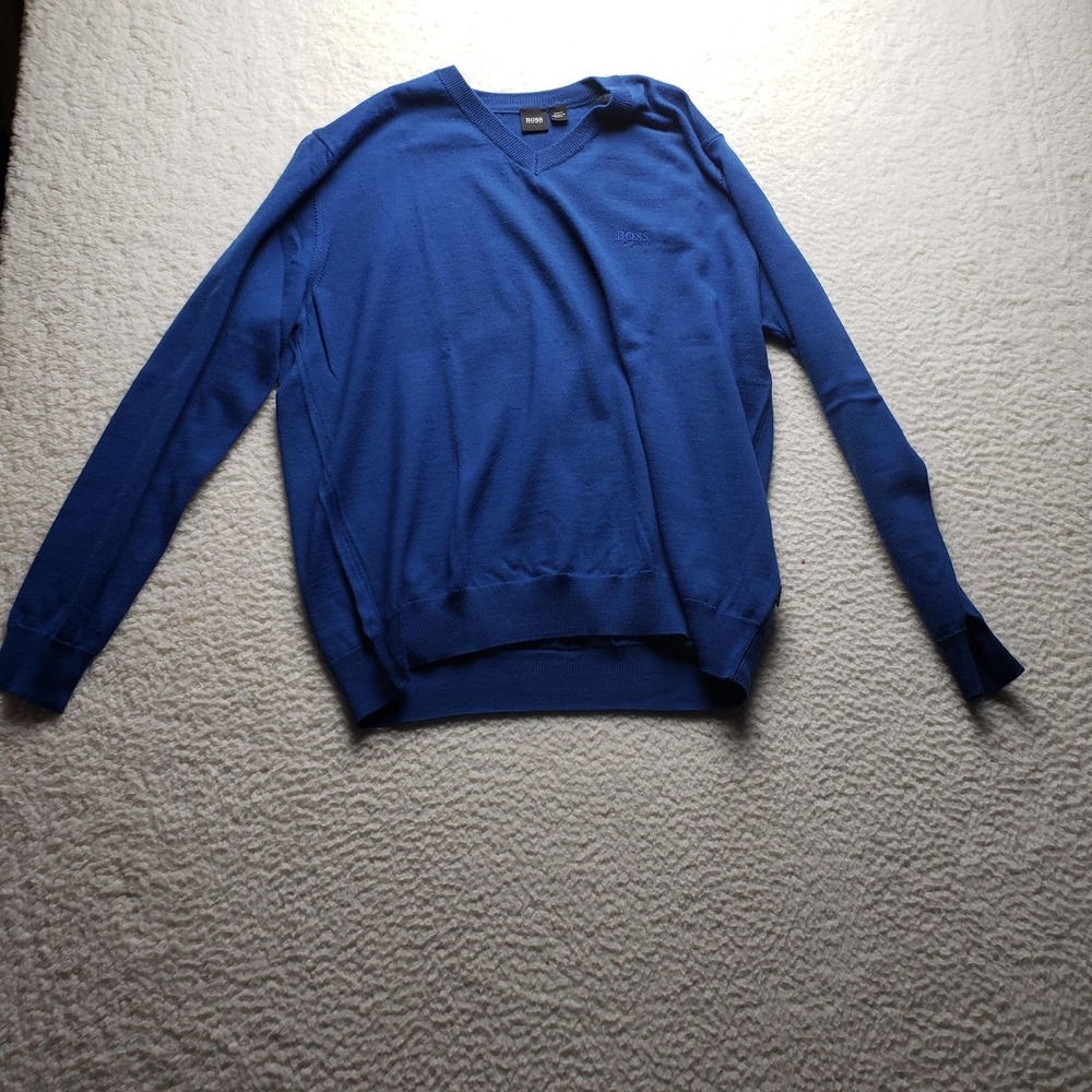 Hugo Boss Sweater Mens XL Blue Solid V Neck Knit Pullover Logo Lightweight